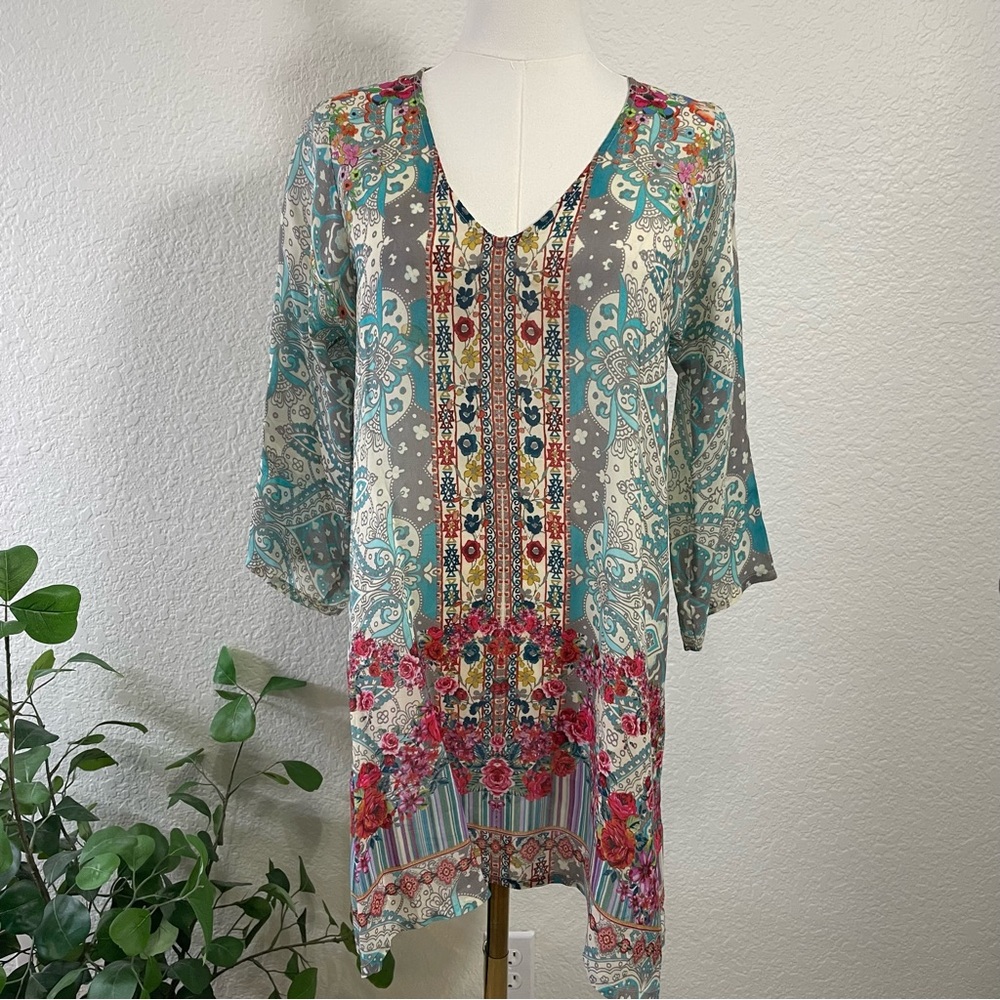 Johnny Was Boho Floral & Paisley Mixed Print Tunic Top